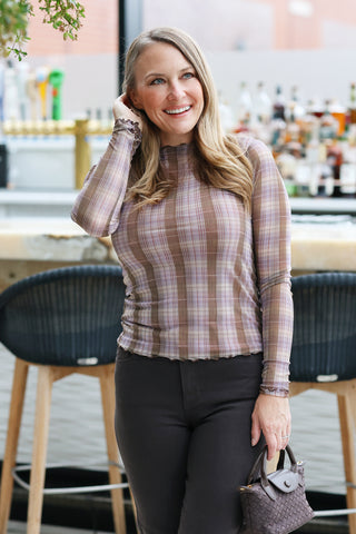 Lavender Plaid Mesh Mock Neck