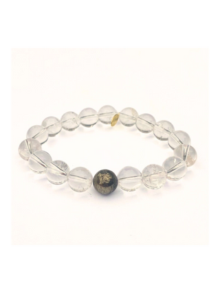 April Birthstone Bracelet | 10mm Polished Clear Quartz Bracelet + Pyrite Bead