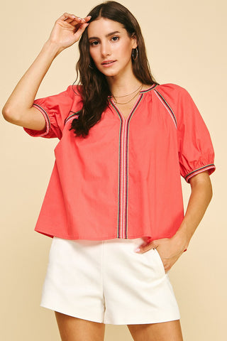 Contrast Stitch Top - Tomato