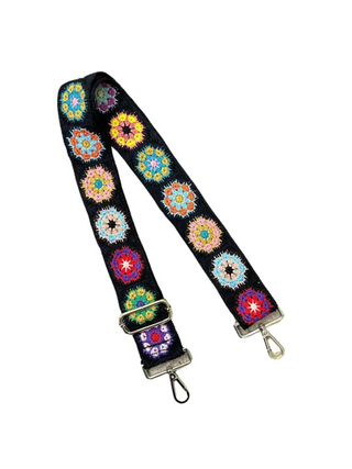 Crochet Bag Strap - Black with Flowers