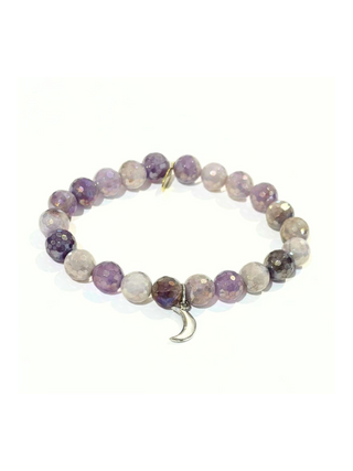 February Birthstone Bracelet | 8mm Mystic Amethyst Bracelet + Sterling Silver Crescent Moon