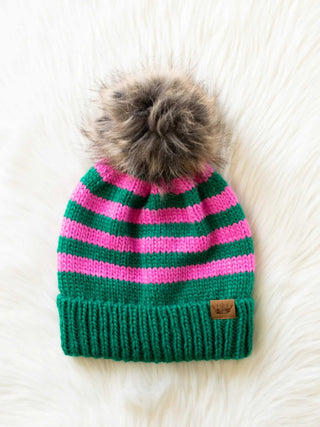 Green and Pink Striped Pom Hat