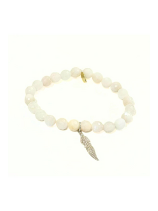 June Birthstone Bracelet | 8mm White Moonstone Crystal Bracelet + Sterling Silver Feather