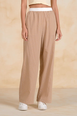 Tan STripe Elastic Waist Pants